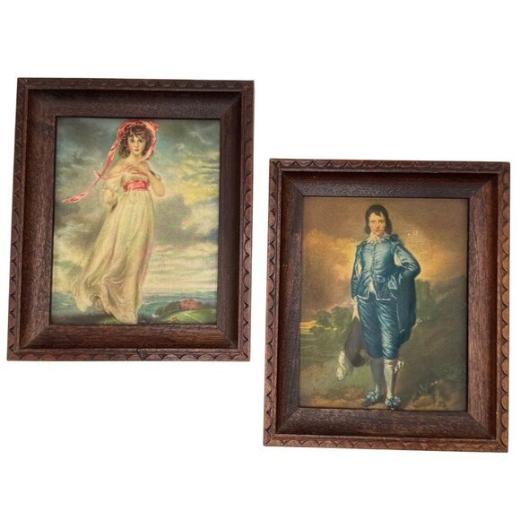 Vtg Blue Boy Thomas Gainsborough Pinkie Lawrence Raised Prints Wood Carved Frame - Picture 1 of 14
